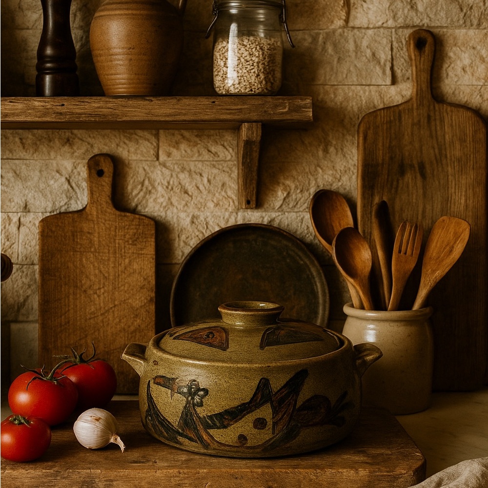 Studio Pottery Folk Art Lidded Dutch Oven / Serving Dish